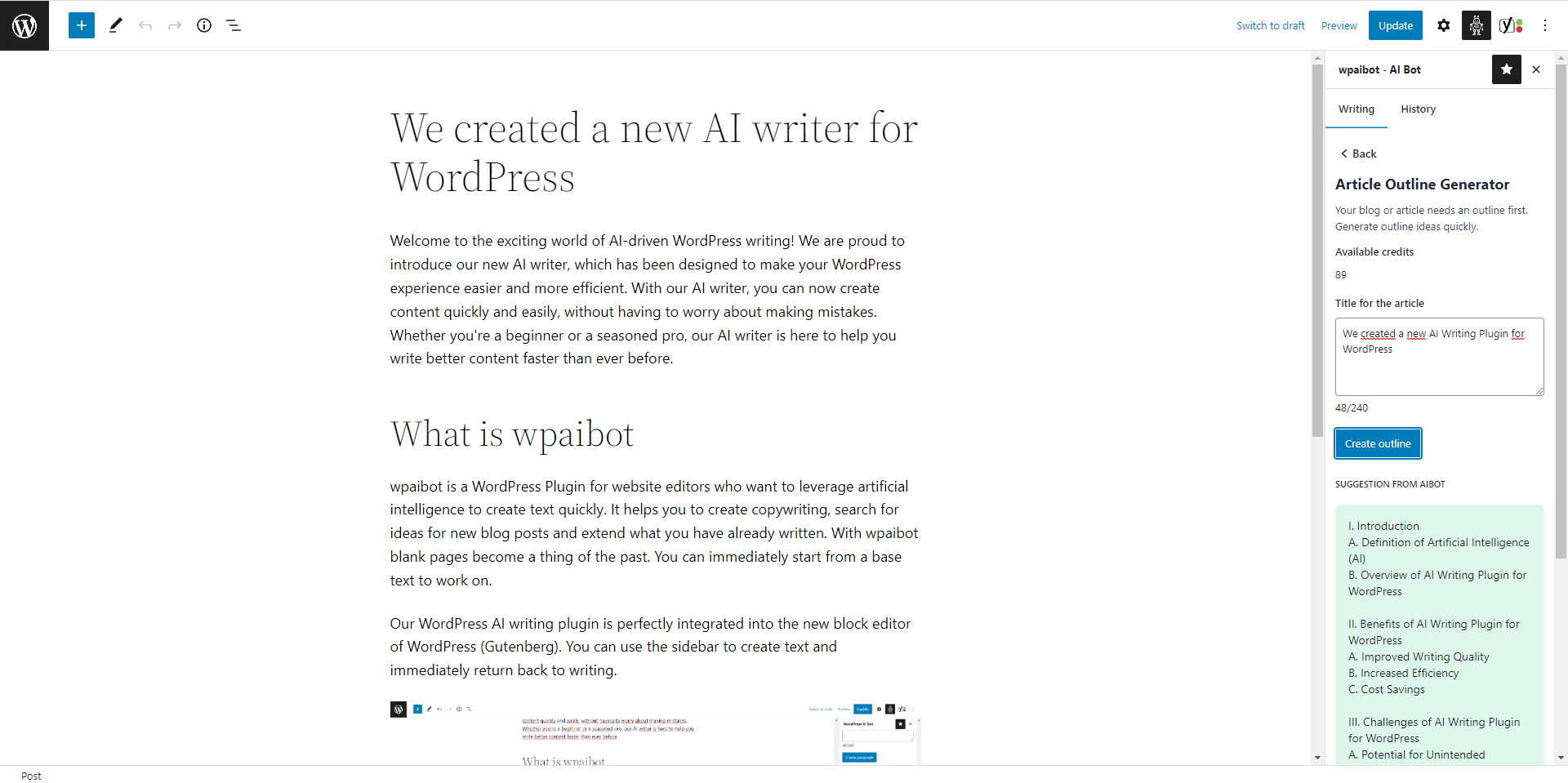 wpaibot - AI Writer for WordPress - Create content with AI directly in your WordPress Backend